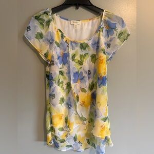 Tamara H Yellow & blue Floral Scoop Neck Flowy Blouse size medium